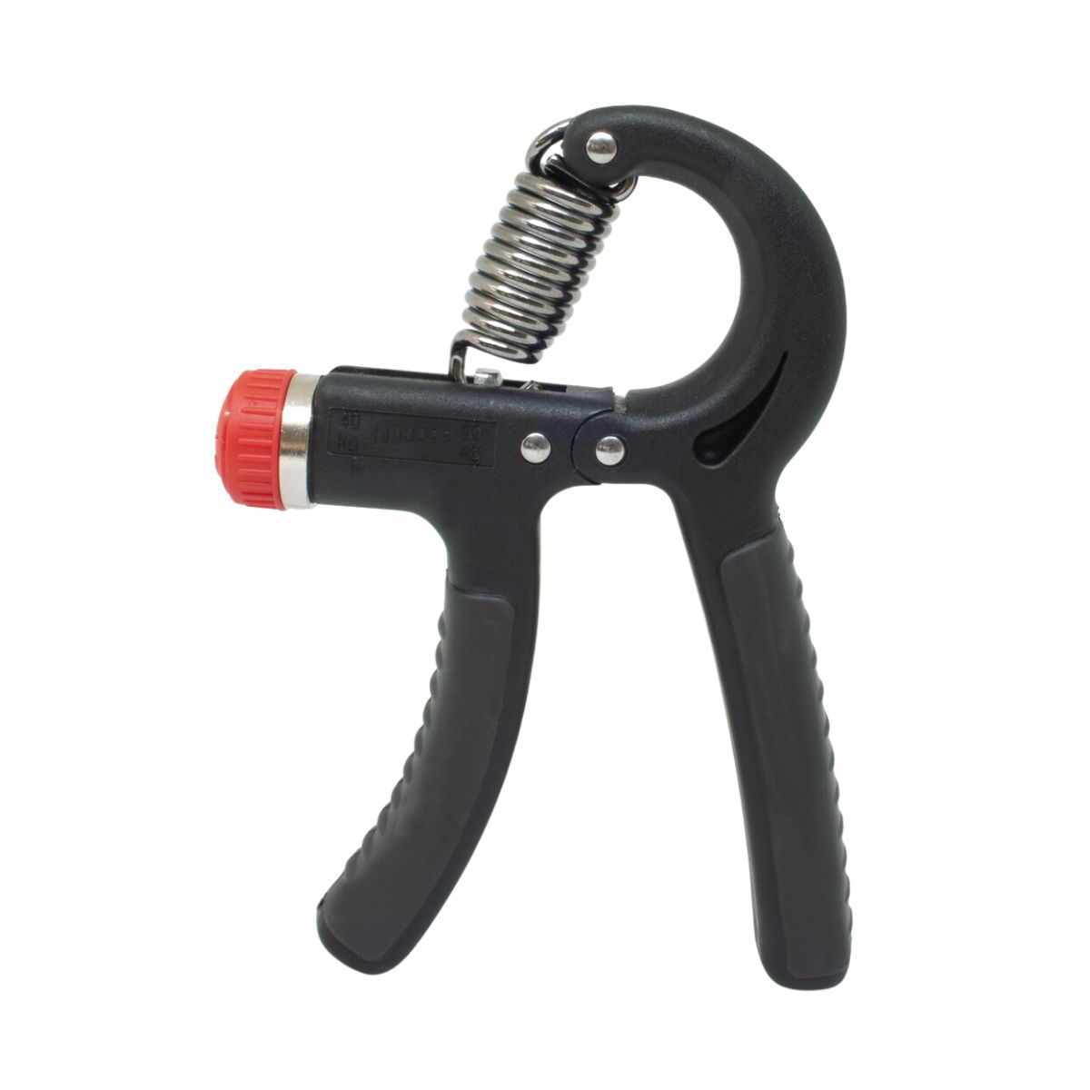 Black hand grip exerciser with red knob.
