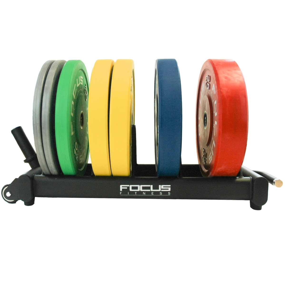 Gewichtsplaten in een rek. De kleuren zijn zilver, groen, geel, blauw en rood.