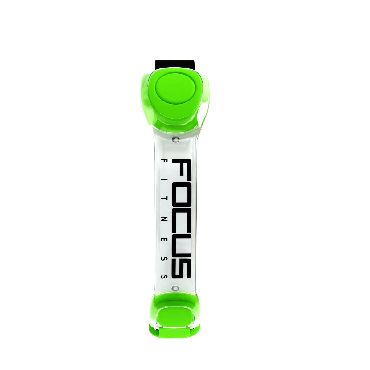 Een groen en transparant fitness-tool. De merknaam "FOCUS" is zichtbaar. Het staat op een witte achtergrond.