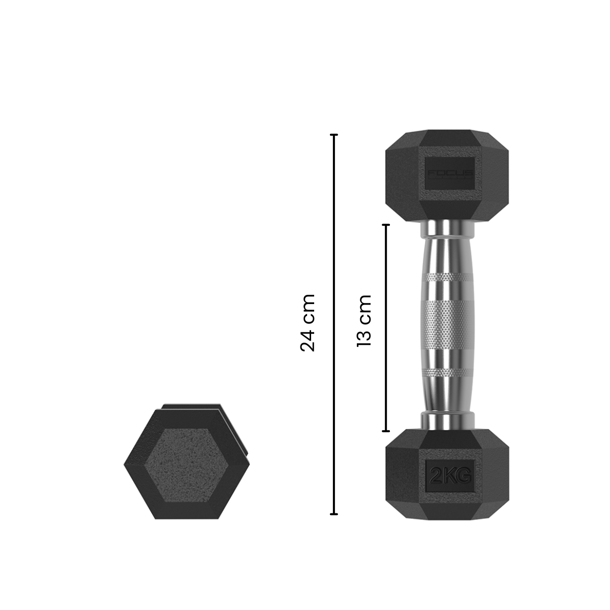 Black dumbbell. Hexagon ends, silver handle. Marked 2KG. Measurement scale next to it.