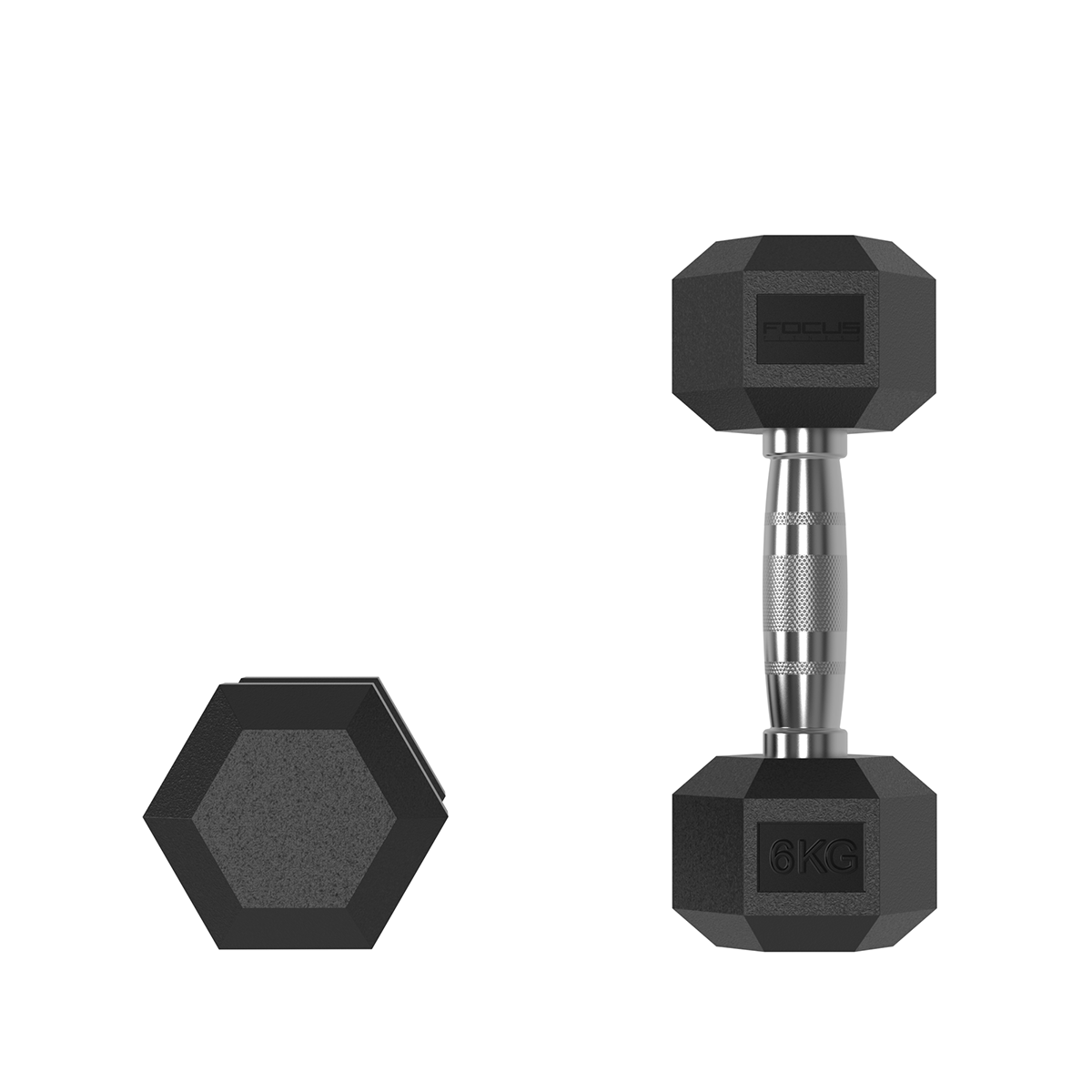 Two black dumbbells. One is upright, the other on its side, marked with 6KG.