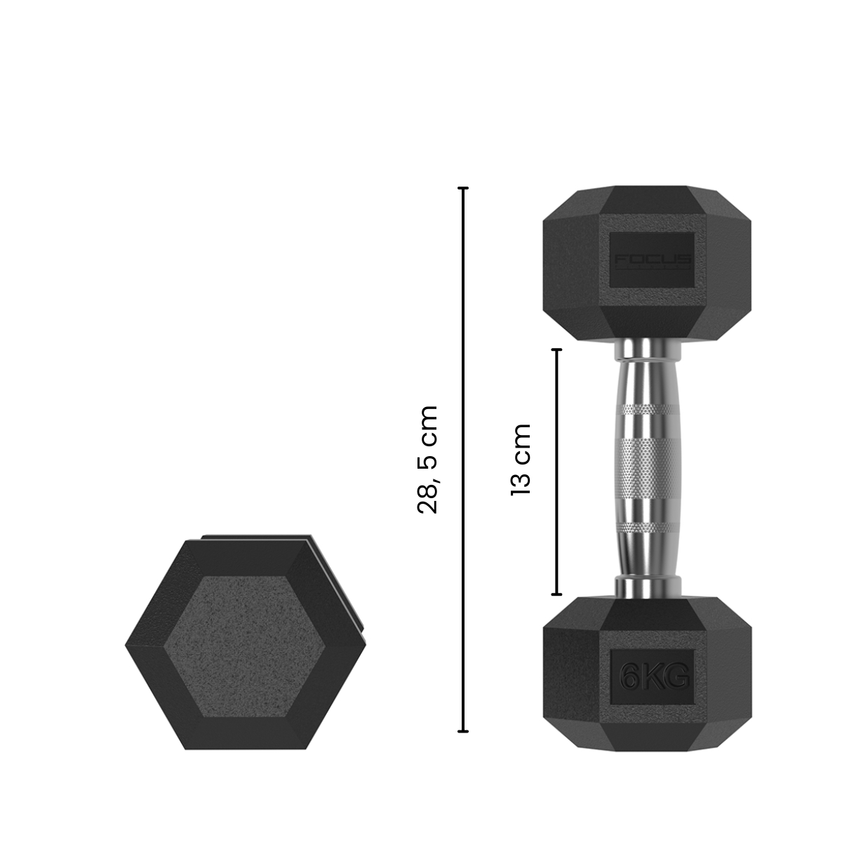 Black 6kg dumbbell and a hexagon shape on a white background. Handle and weight visible. Focus logo is seen.