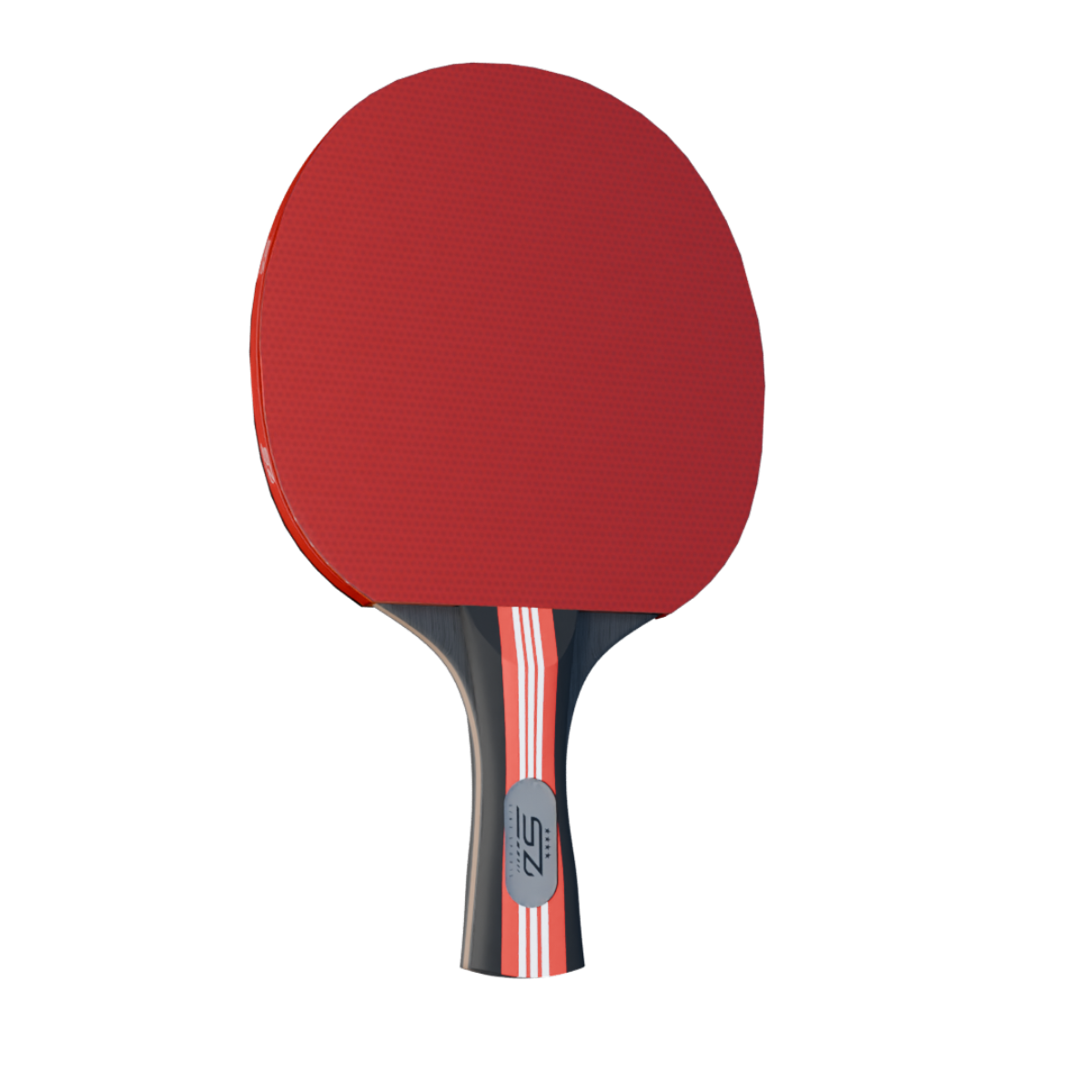 Une raquette de ping-pong rouge avec une poignée noire et blanche sur fond blanc.