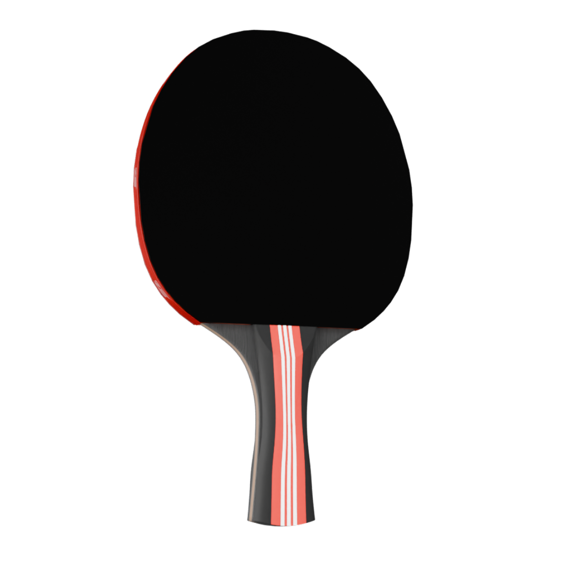 Raquette de ping-pong noire et rouge. Caoutchouc rouge et base noire. Manche rouge et blanc.