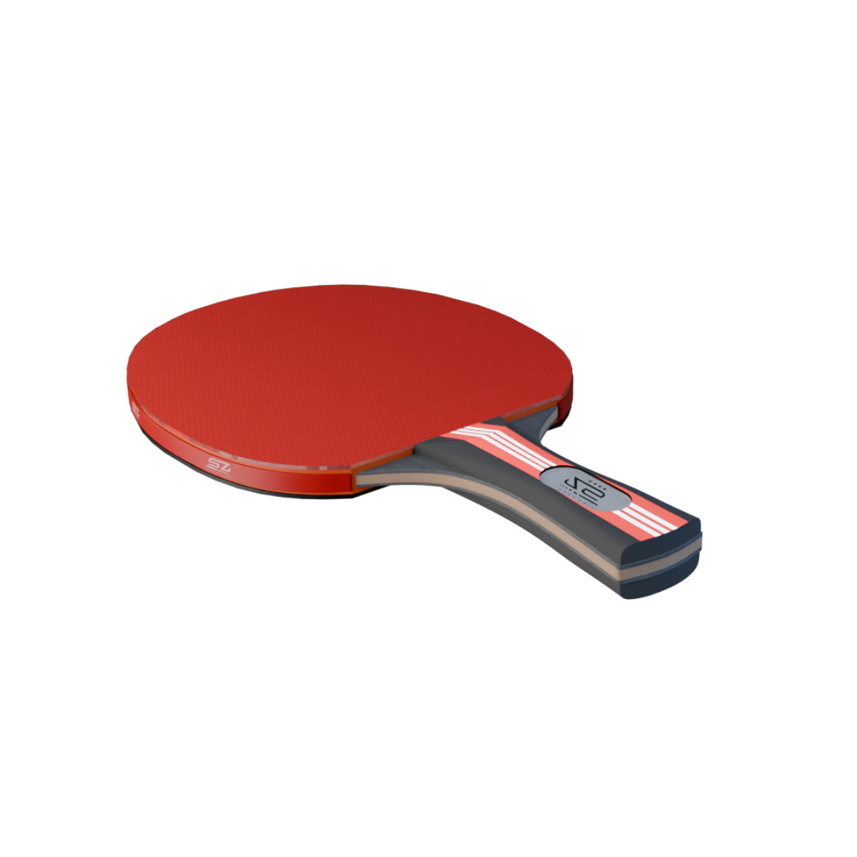 Raquette de ping-pong rouge et noire avec des rayures blanches. Isolé sur fond blanc.