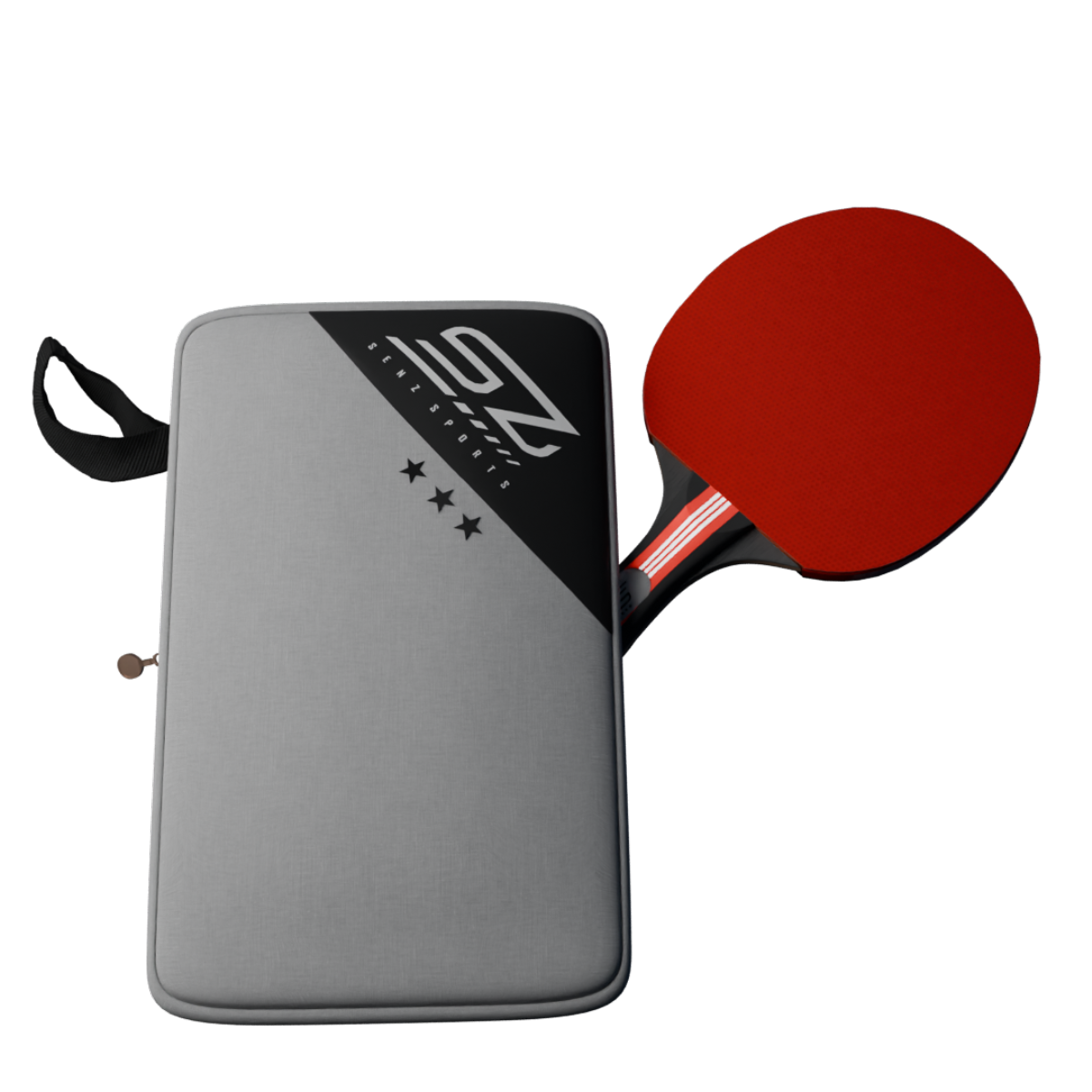 Raquette de tennis de table et étui gris avec logo SZ et face rouge.