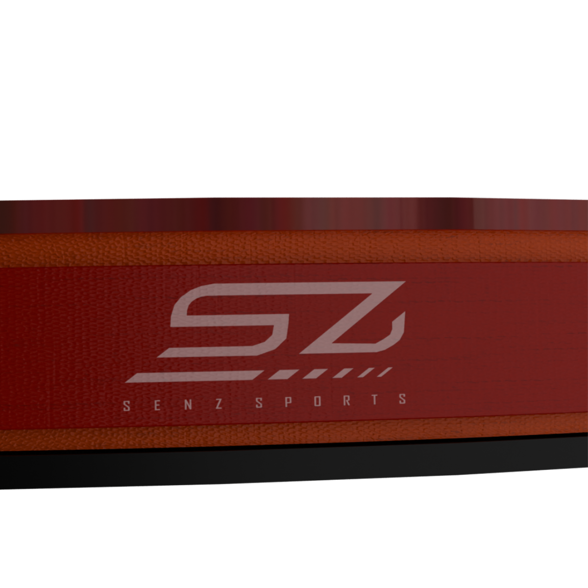 Gros plan d'une surface rouge et marron avec le logo de la marque SENZ SPORTS.