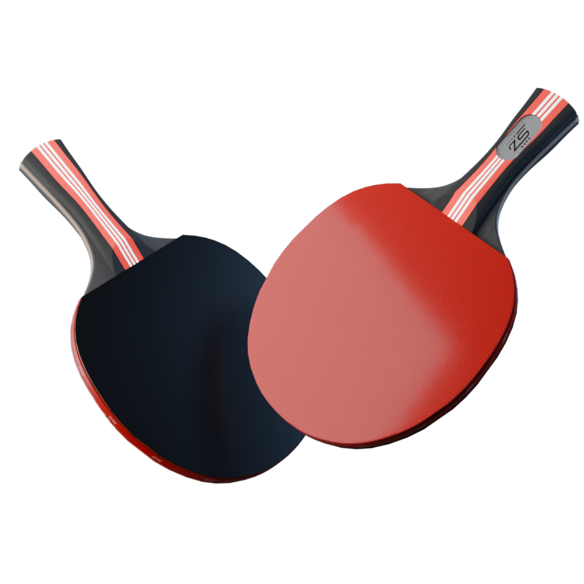 Deux raquettes de ping-pong. Une rouge, une noire, avec des manches noirs et blancs.