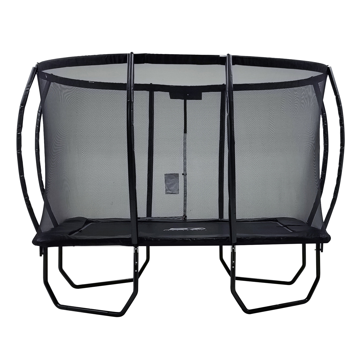 Zwarte rechthoekige trampoline met veiligheidsnet, zwart frame, witte achtergrond.