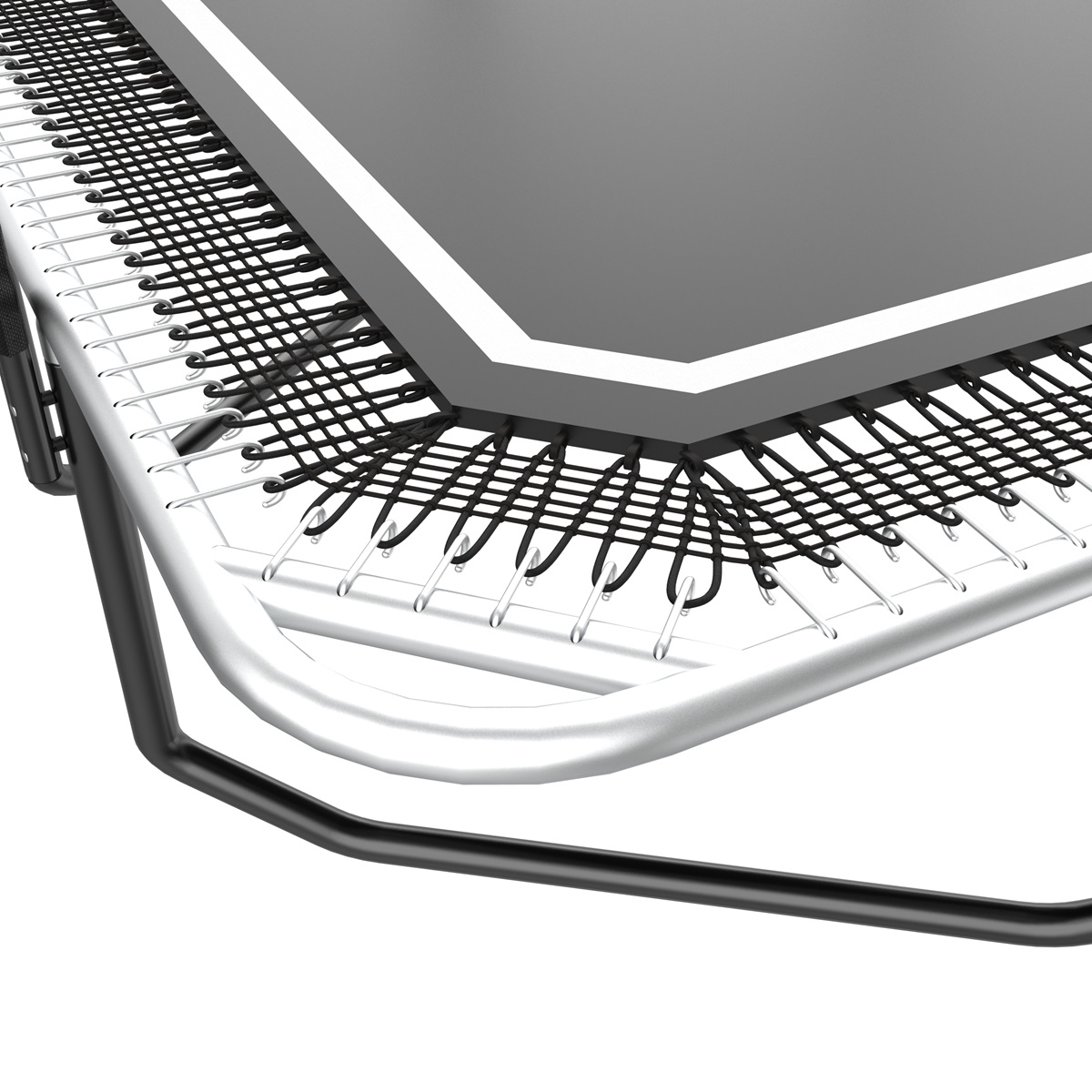 Close-up van trampolineframe, zwart net en witte rand.