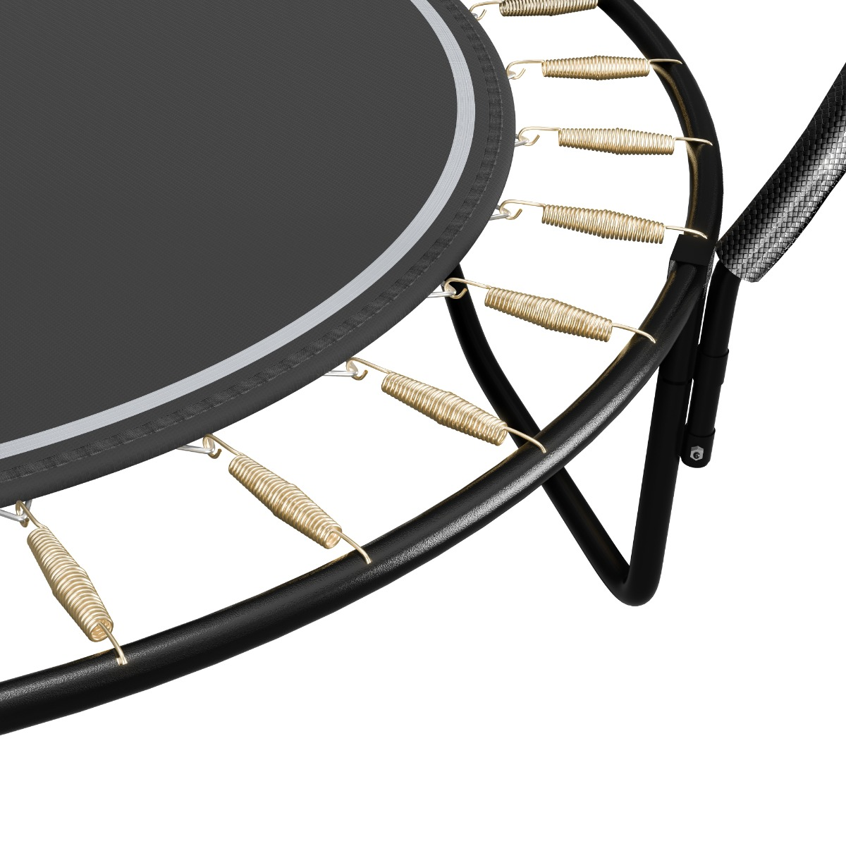Trampolineraam met veren en zwart oppervlak, close-up.