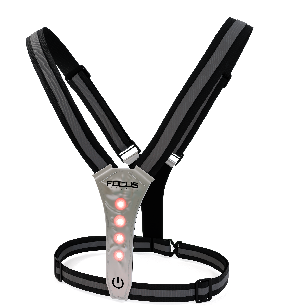 Een zwart en grijs LED-vest met rode lampjes en het merk FOCUS.