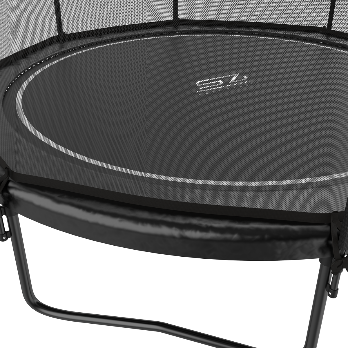 Close-up van trampoline-oppervlak, zwart met net, zwart frame.
