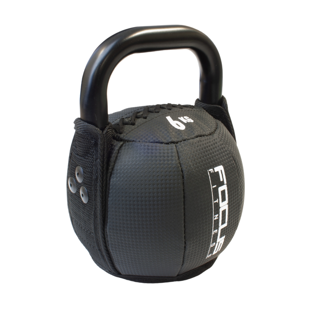 A black kettlebell with a black handle, labeled '6 kg' and 'FOCUS FITNESS'.