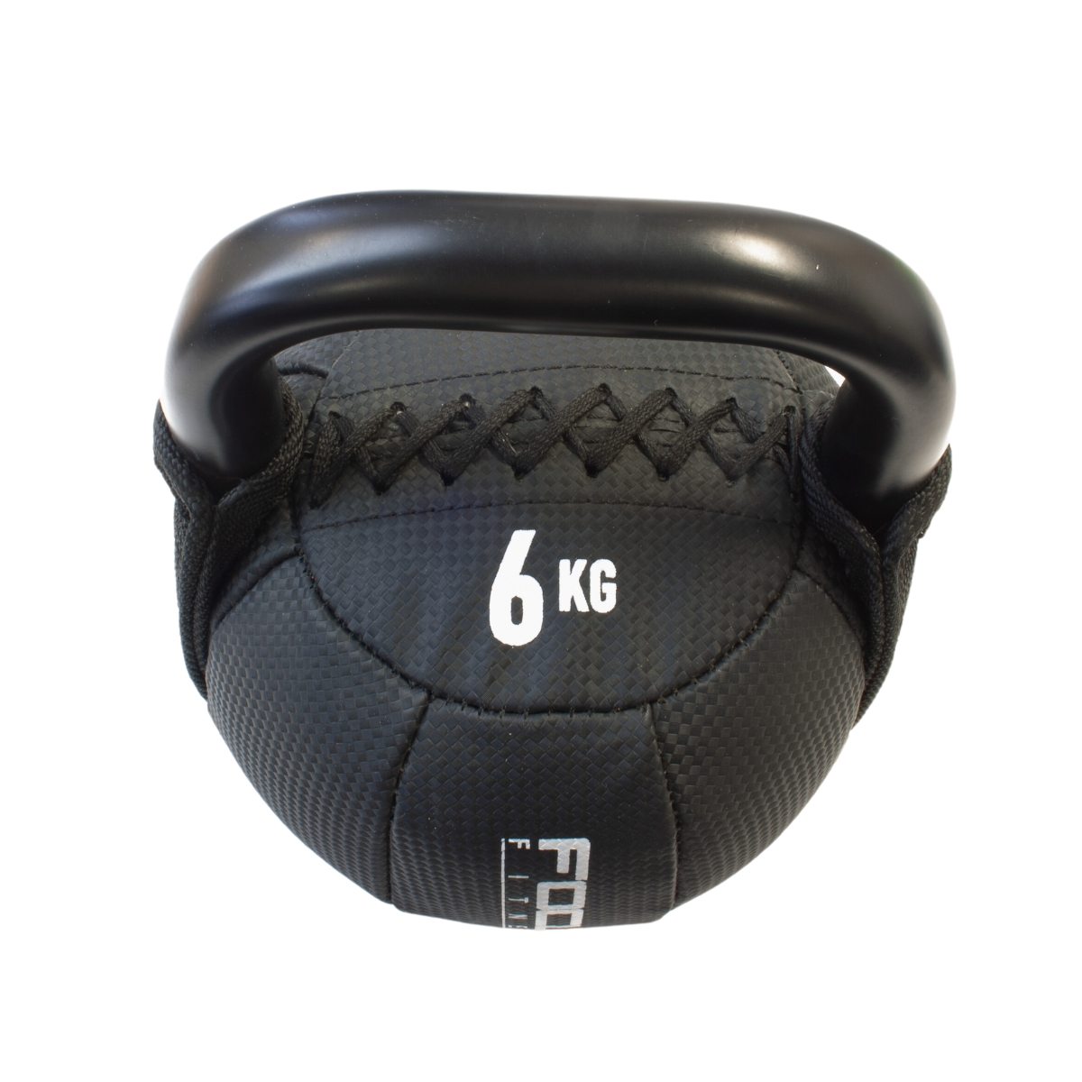 A black 6kg kettlebell with a black handle on a white background.