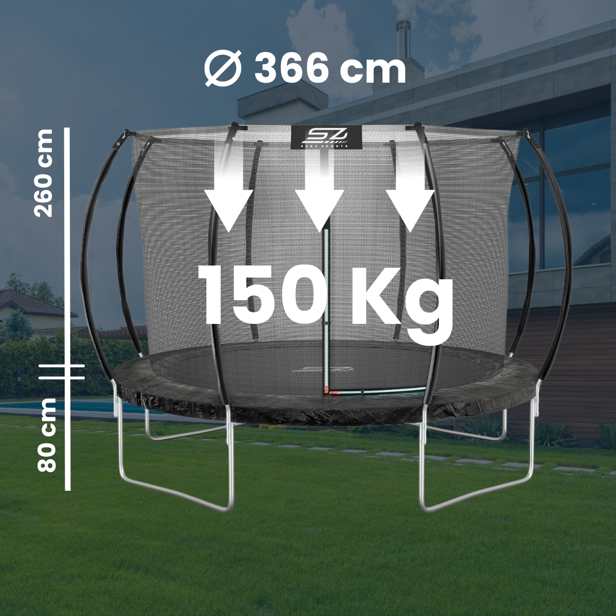 Een trampoline met afmetingen en gewichtscapaciteit in een tuin.