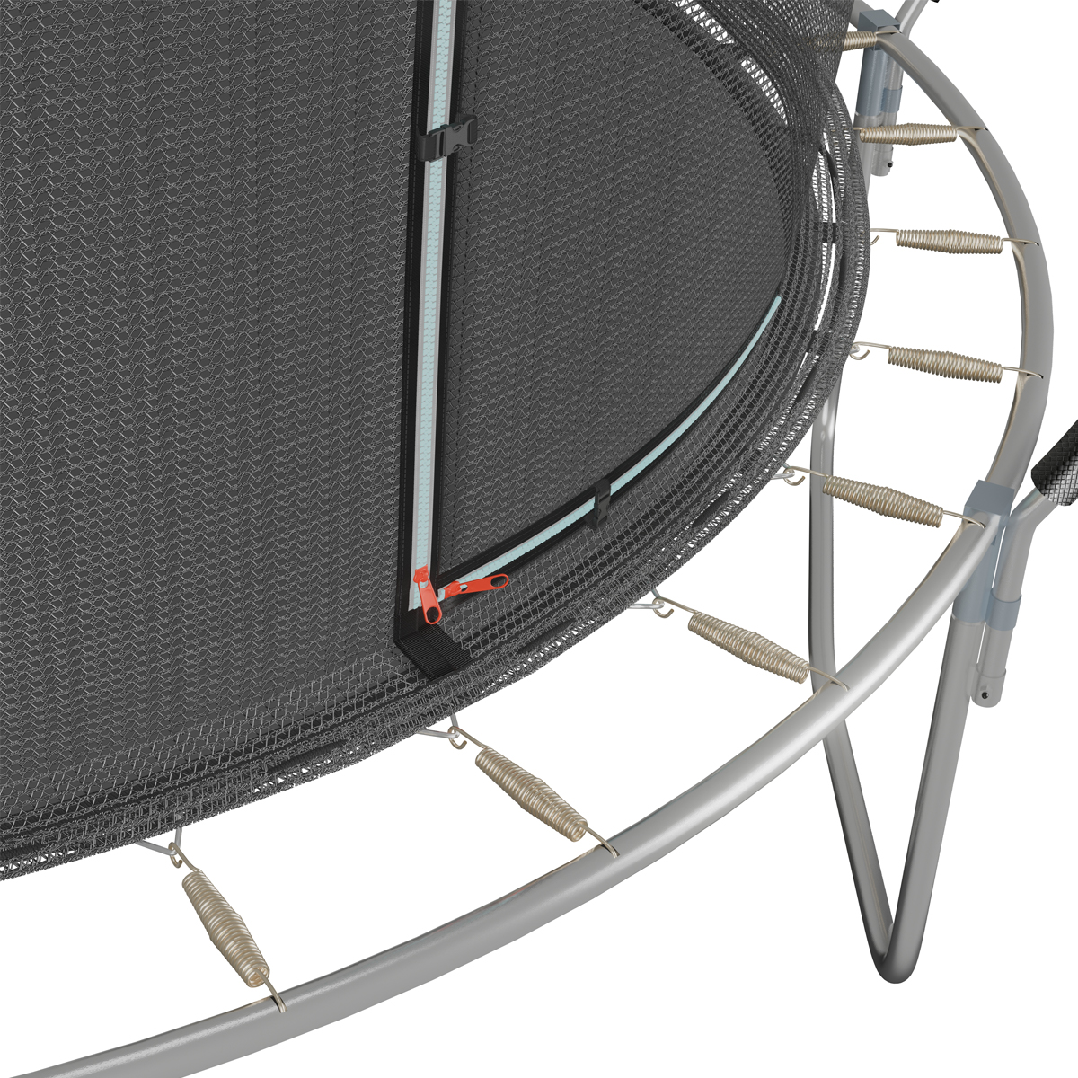 Close-up van het veiligheidsnet van een trampoline, met veren en frame.