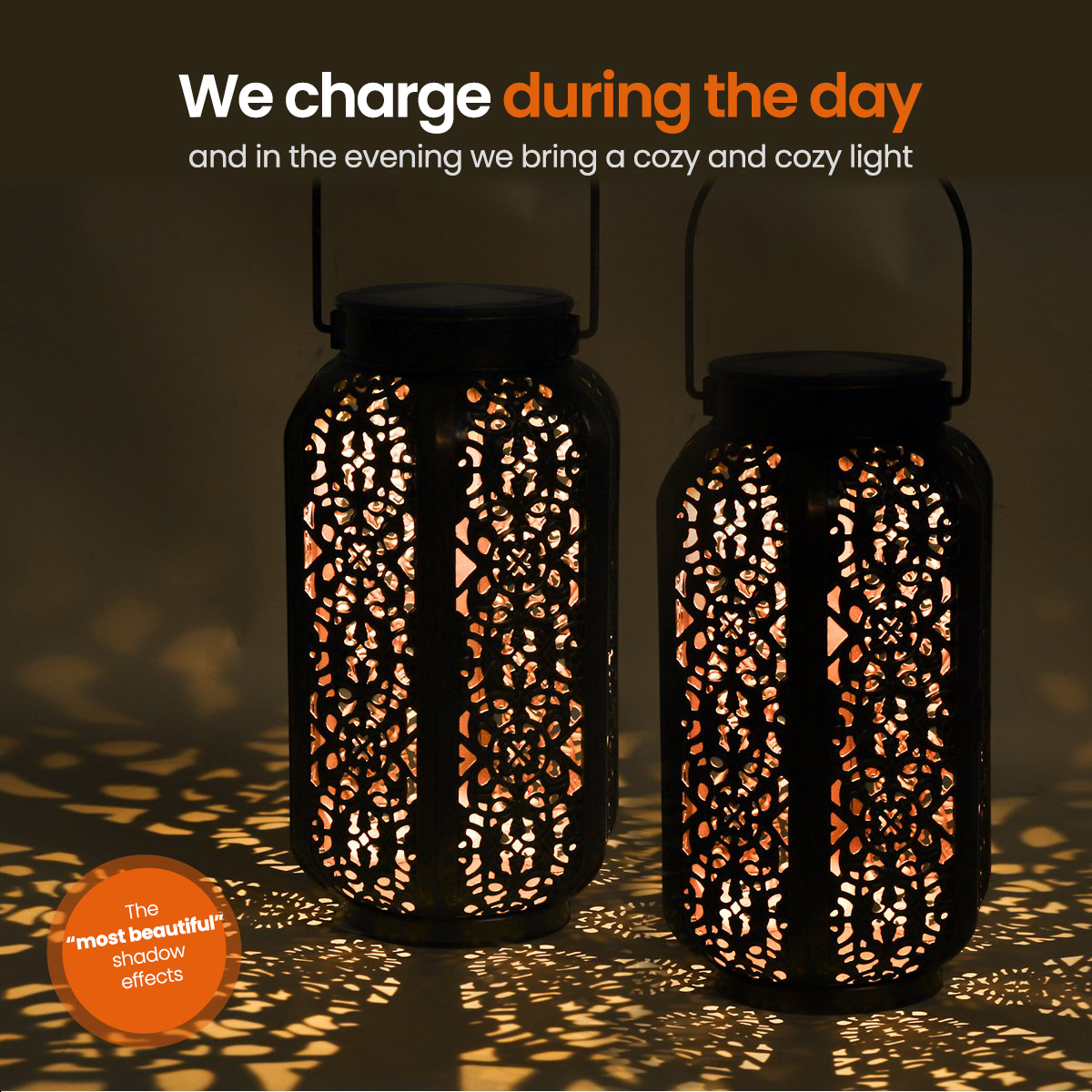 Two decorative lanterns with cutout patterns. They cast patterns on the background.