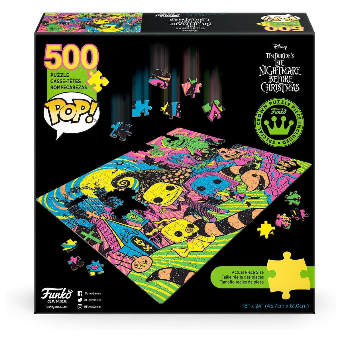 Puzzelbox mit 'The Nightmare Before Christmas' Artwork, Funko Pop! Branding und Puzzleteilen.