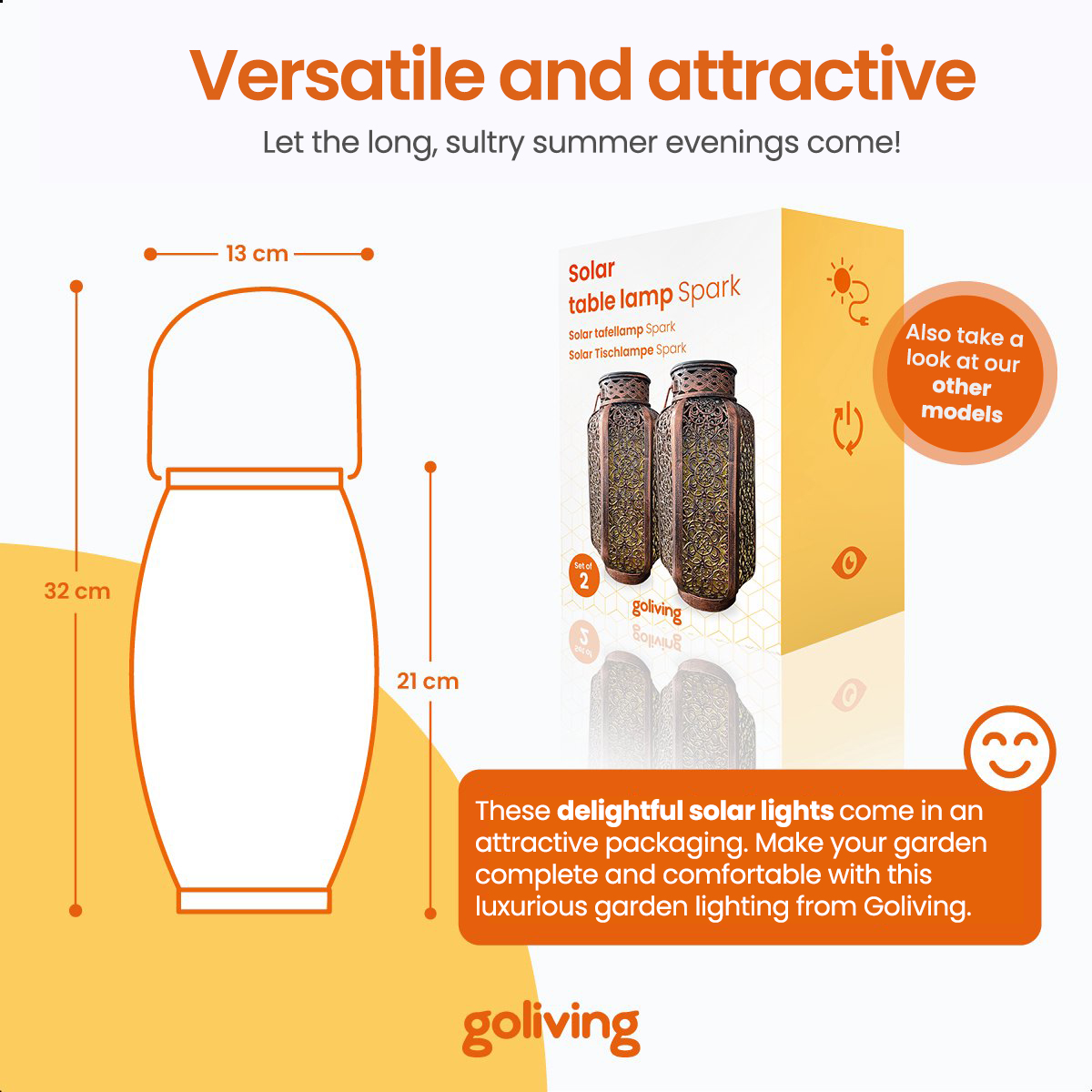 A tall, decorative solar light, with dimensions, and product details for garden use.