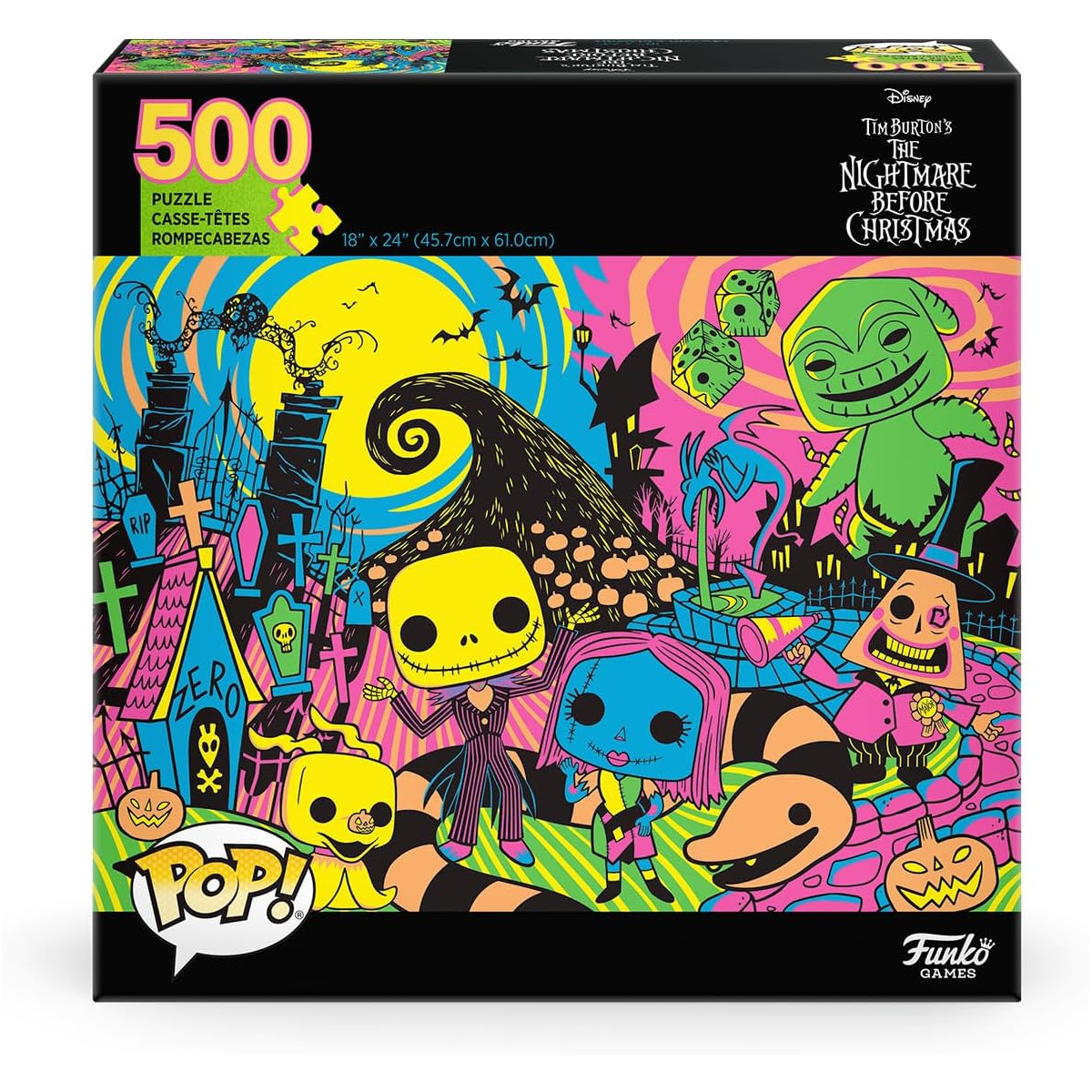 Puzzledose mit 'The Nightmare Before Christmas'-Figuren, leuchtenden Farben und dem Funko Pop!-Logo.