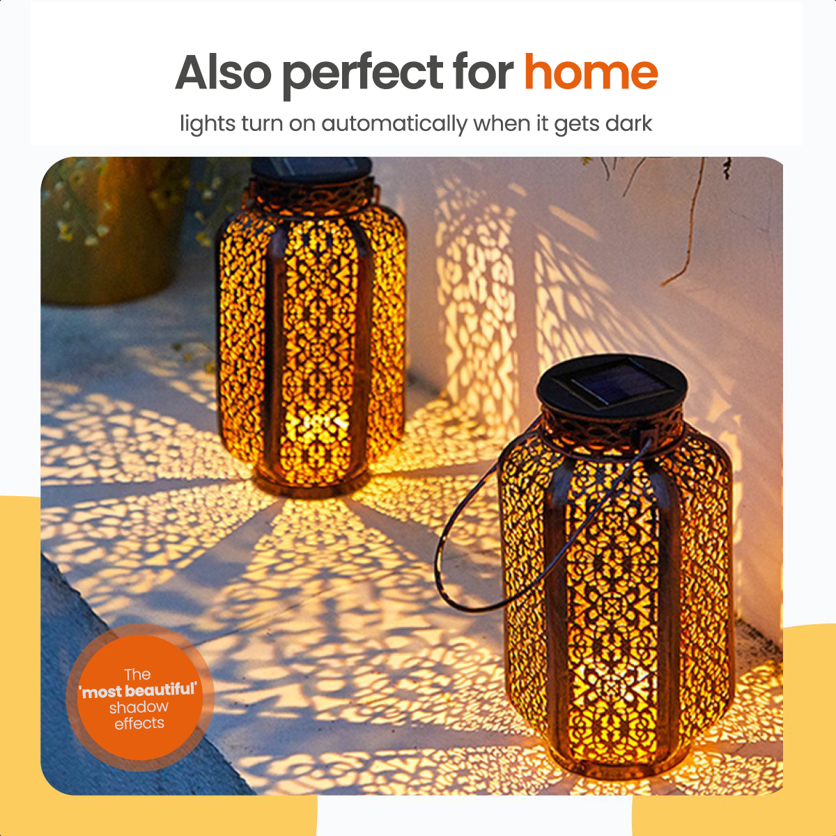 Two decorative solar lanterns casting shadows. The background is a sunny outdoor scene.