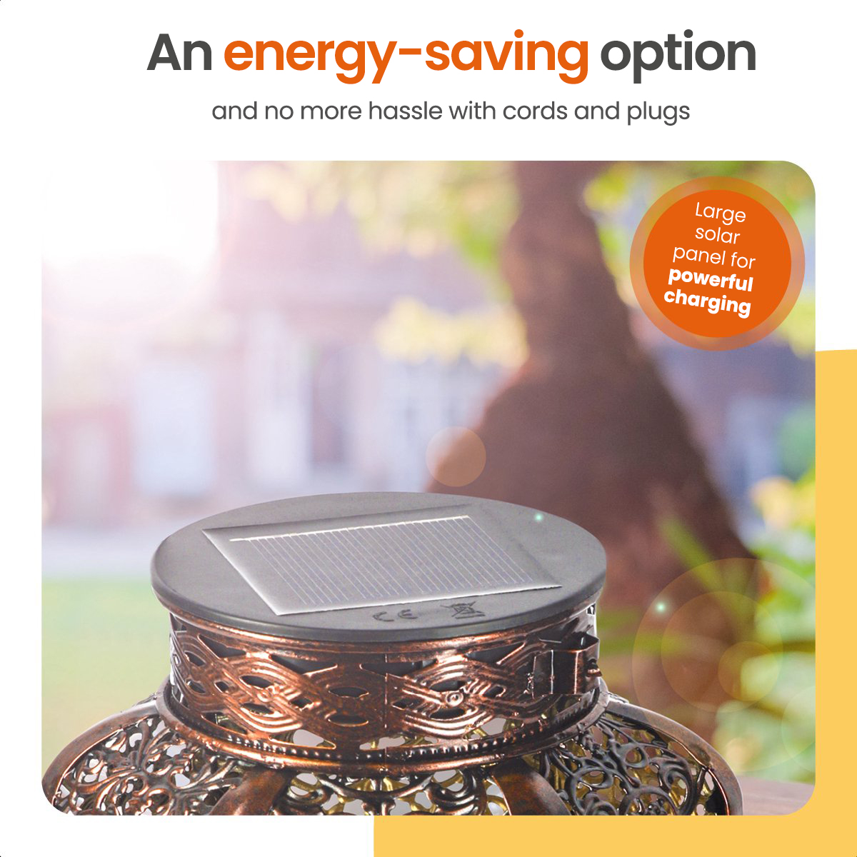 Solar garden lantern with a solar panel. The background is blurred trees.