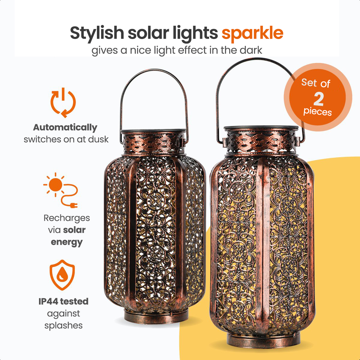 Two decorative solar lanterns with intricate patterns, on a white and orange background.