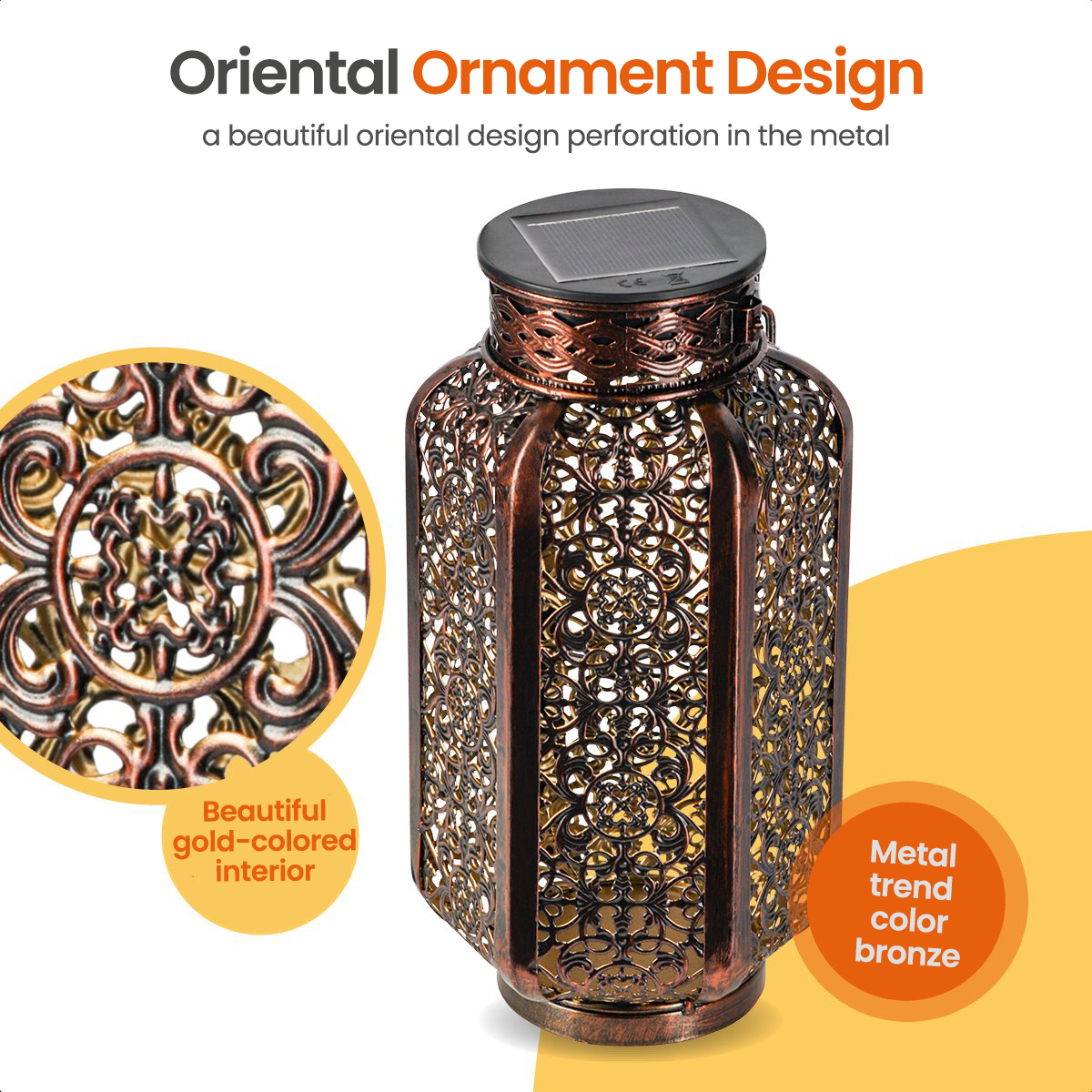 Bronze metal lantern with a floral design. It has a gold interior and a solar panel on top.