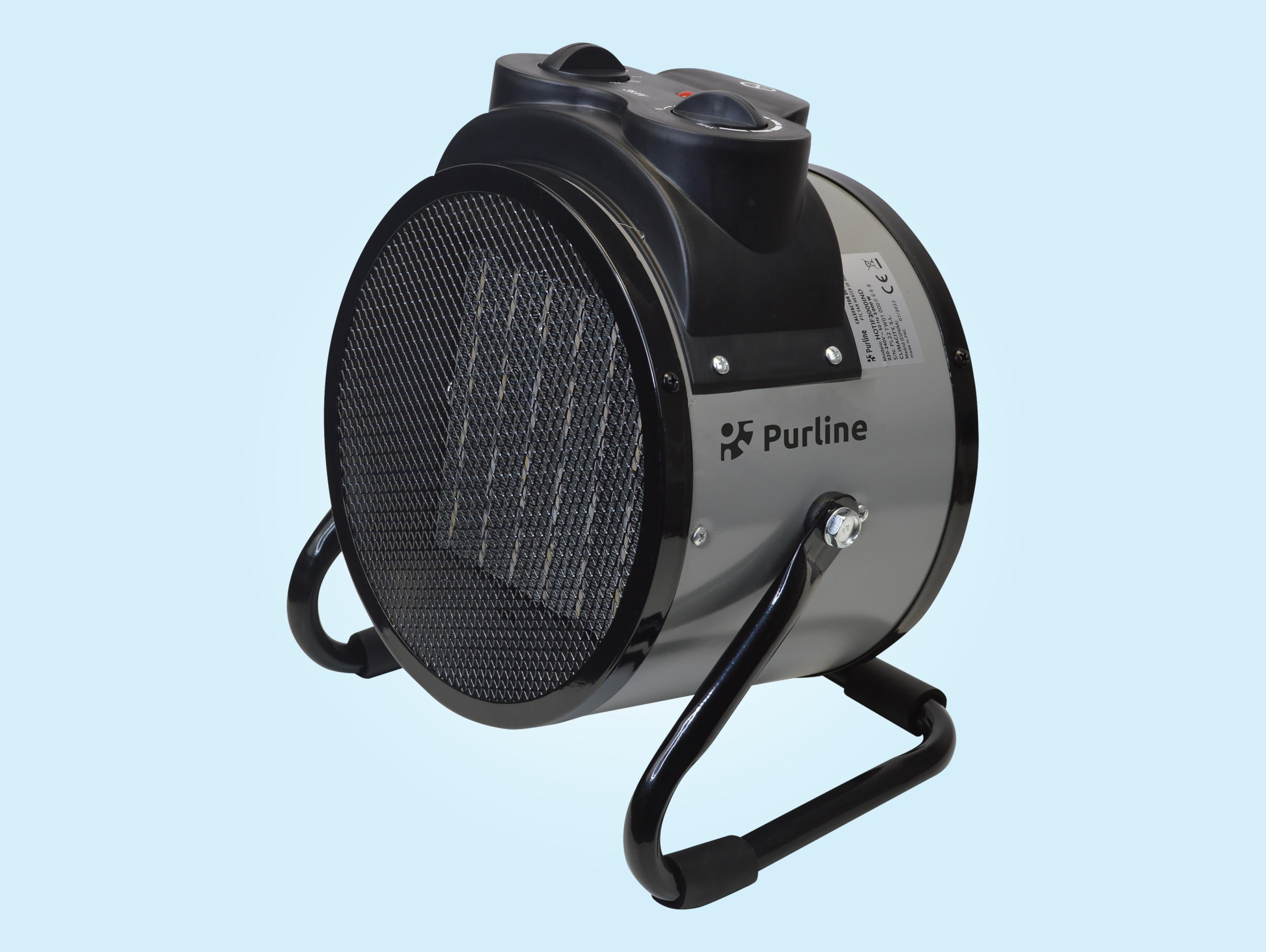 Calentador de espacio eléctrico Purline gris y negro con frontal de malla, sobre fondo azul claro.