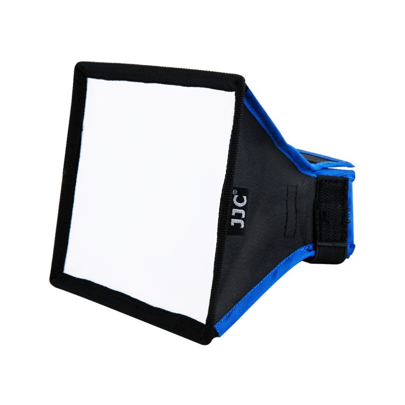Eine schwarze und blaue rechteckige Softbox für die Fotografie. Sie besteht aus Stoff und hat einen weißen Diffusor.