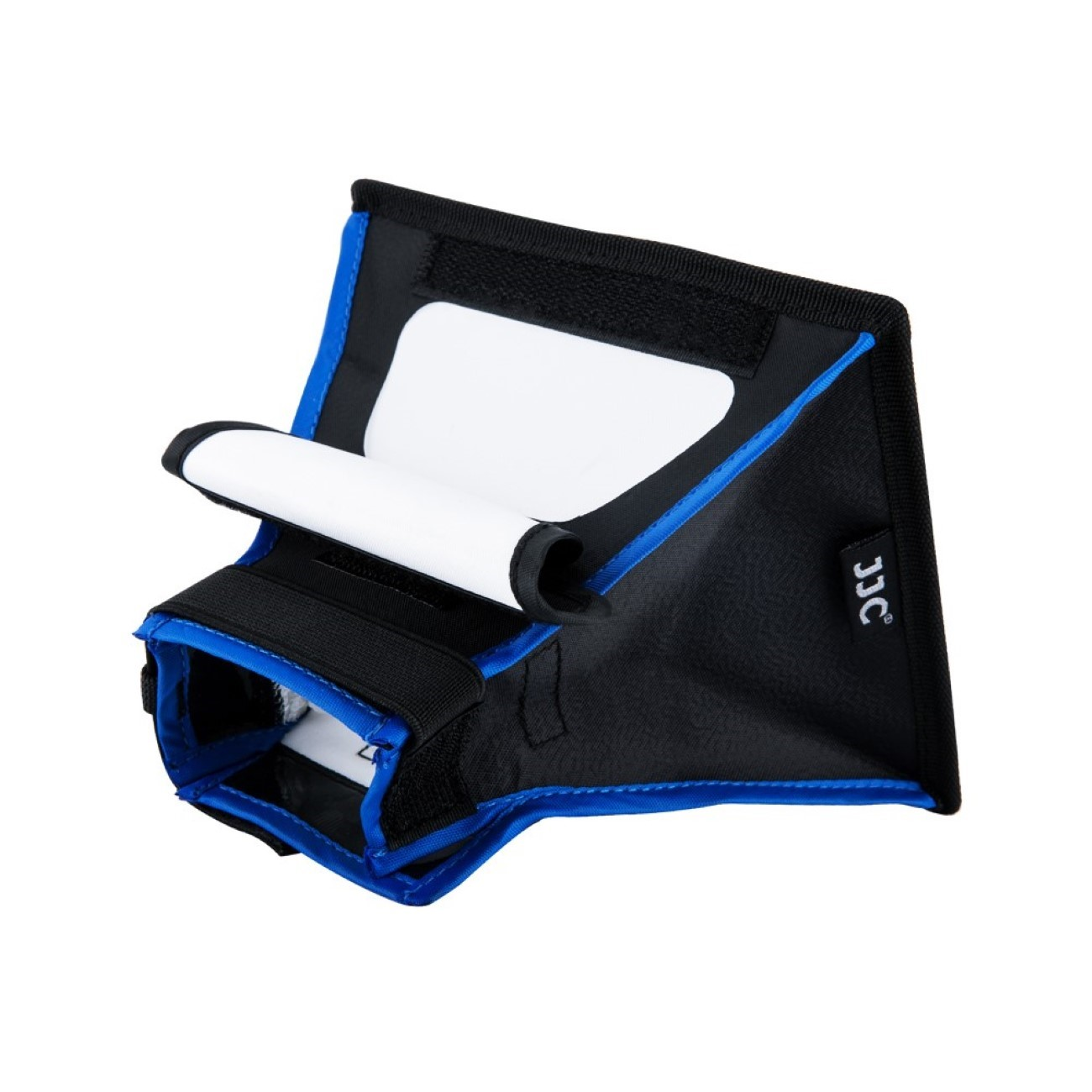 Schwarze und blaue Softbox für Blitzfotografie, geöffnet und einsatzbereit.