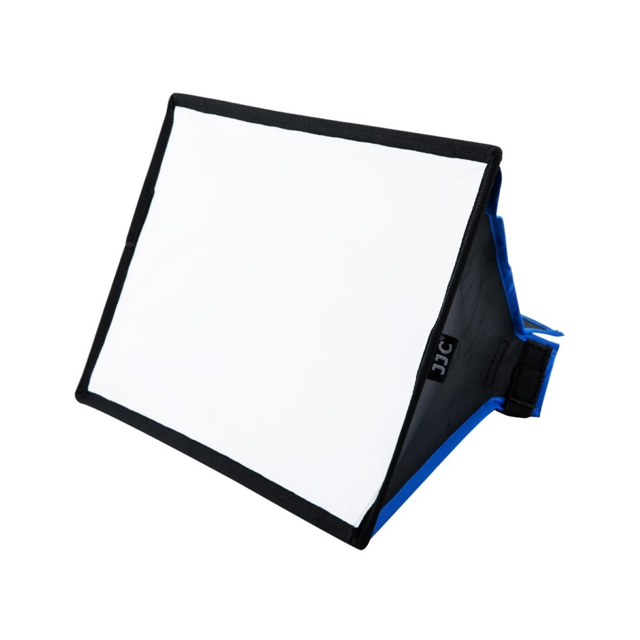 Eine quadratische Softbox mit schwarzem Rahmen und blauen Akzenten auf weißem Hintergrund.