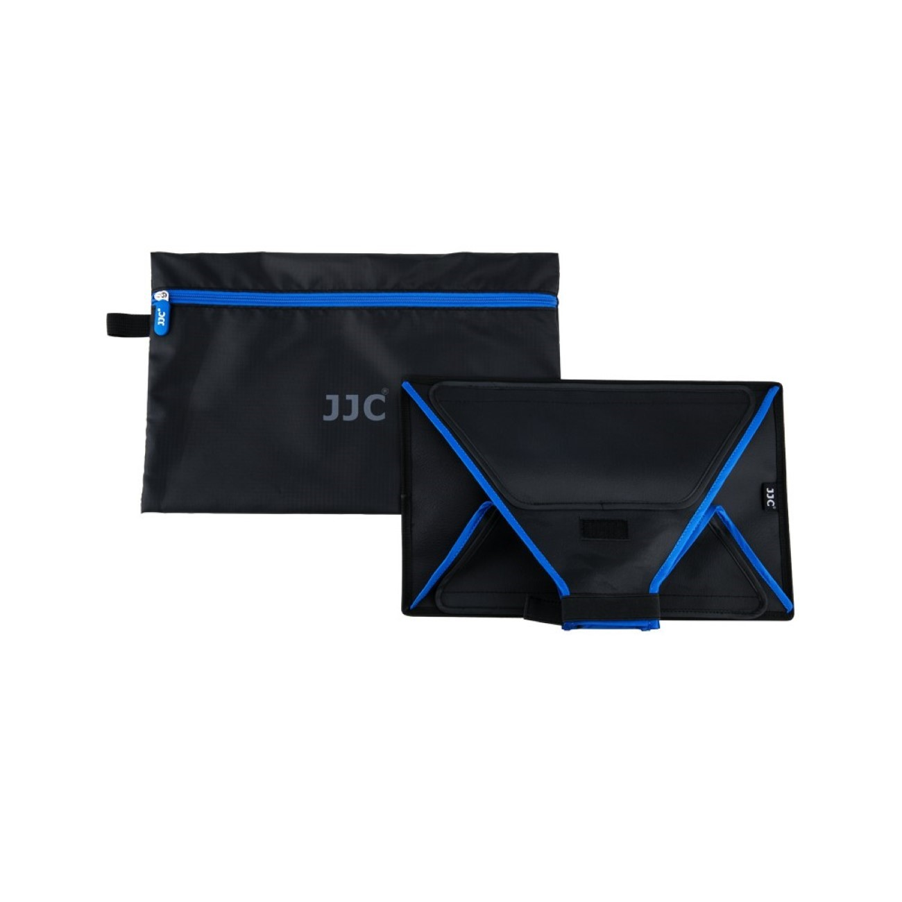 Schwarze JJC-Tasche und ein schwarzer Tablet-Ständer mit blauen Akzenten.