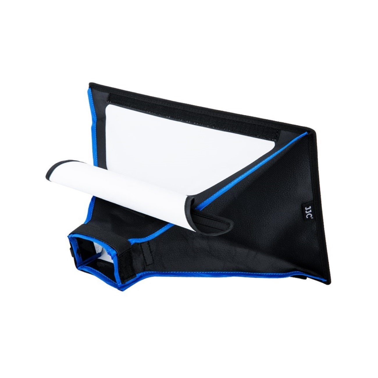 Schwarze und blaue Softbox für Fotografie, mit einem weißen Diffusor.