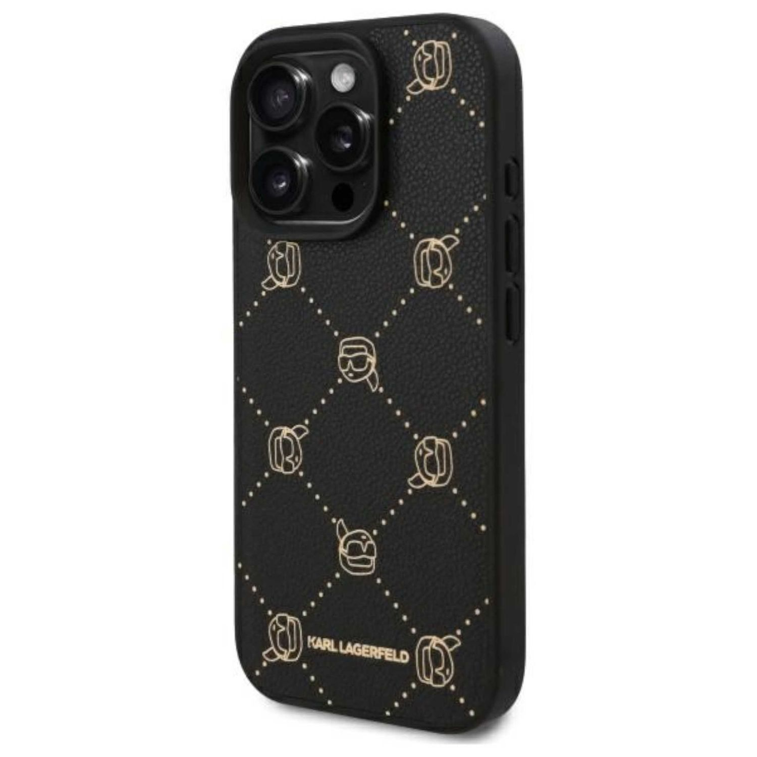 Telefono nero con custodia decorativa. Motivo logo oro, tre lenti della fotocamera.