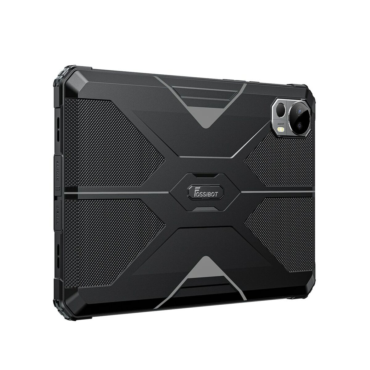 Custodia protettiva nera per tablet con un design strutturato. La custodia ha un ritaglio per la fotocamera.