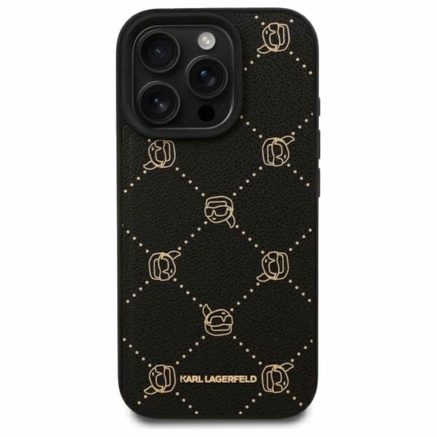 Una custodia per telefono nera con un design Karl Lagerfeld. La custodia ha un motivo a rombi e dettagli dorati.
