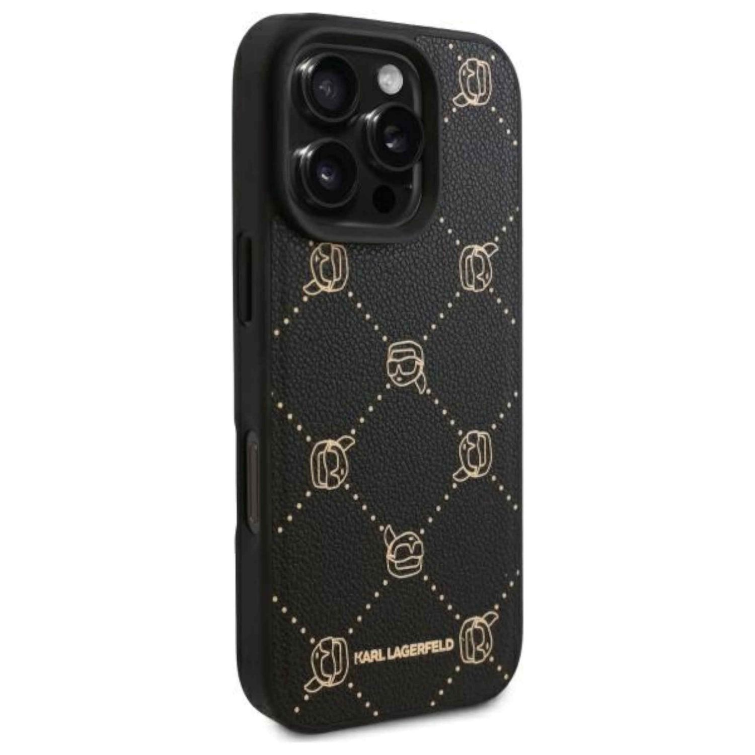 Una custodia per telefono nera con un motivo a logo dorato e un ritaglio per la fotocamera, su sfondo bianco.