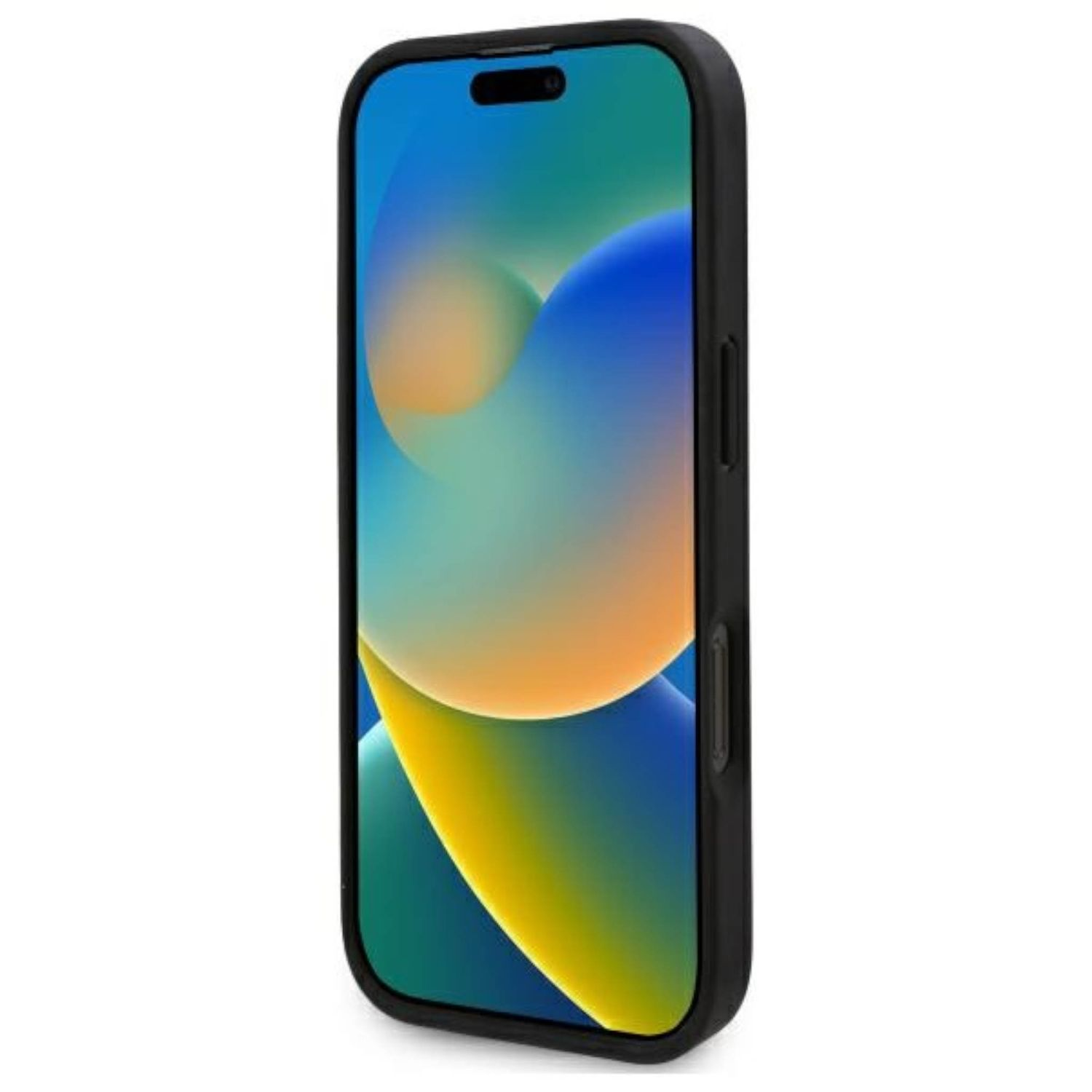 Una custodia nera per iPhone. Il telefono ha uno sfondo colorato. La custodia è intorno al telefono.