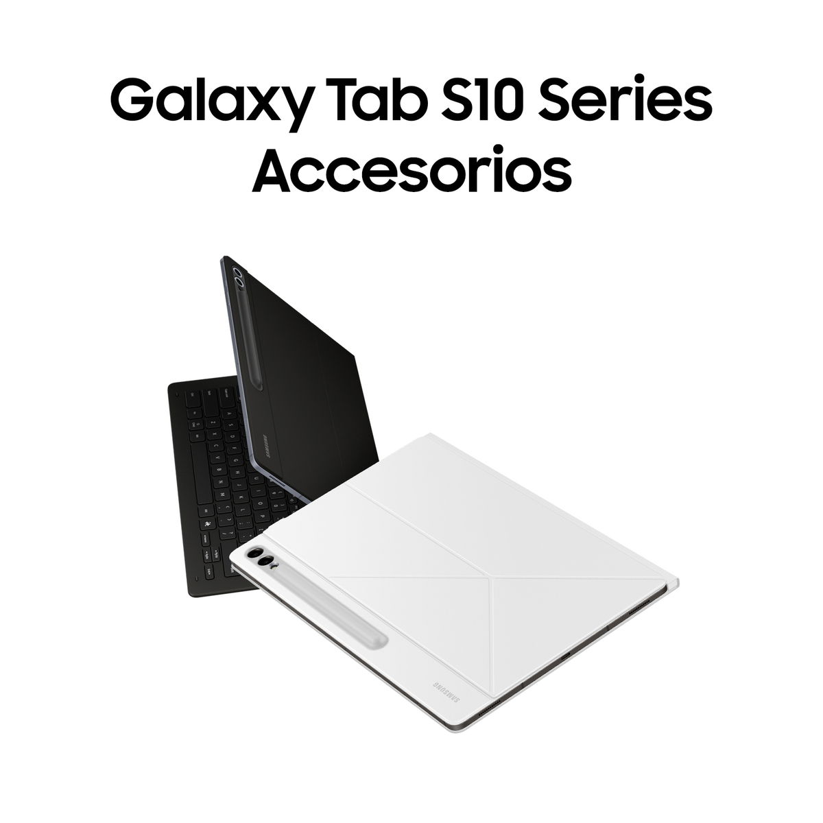 Zwarte toetsenbordhoes en witte hoes voor een tablet, met de tekst 'Galaxy Tab S10 Series'.