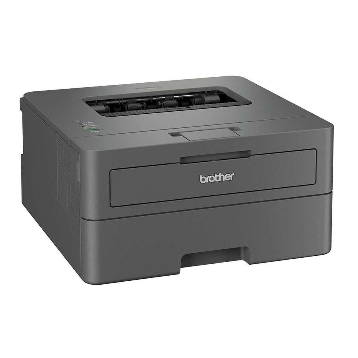 Szara drukarka Brother, widok z kąta. Prosty design. Widoczne przyciski i wyjście papieru.