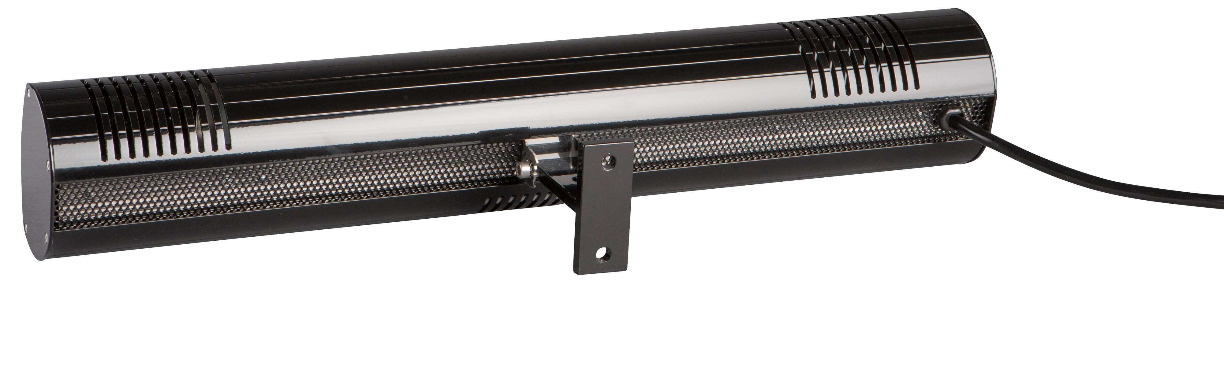 Schwarz, zylinderförmiges Soundbar-ähnliches Gerät mit Halterung.
