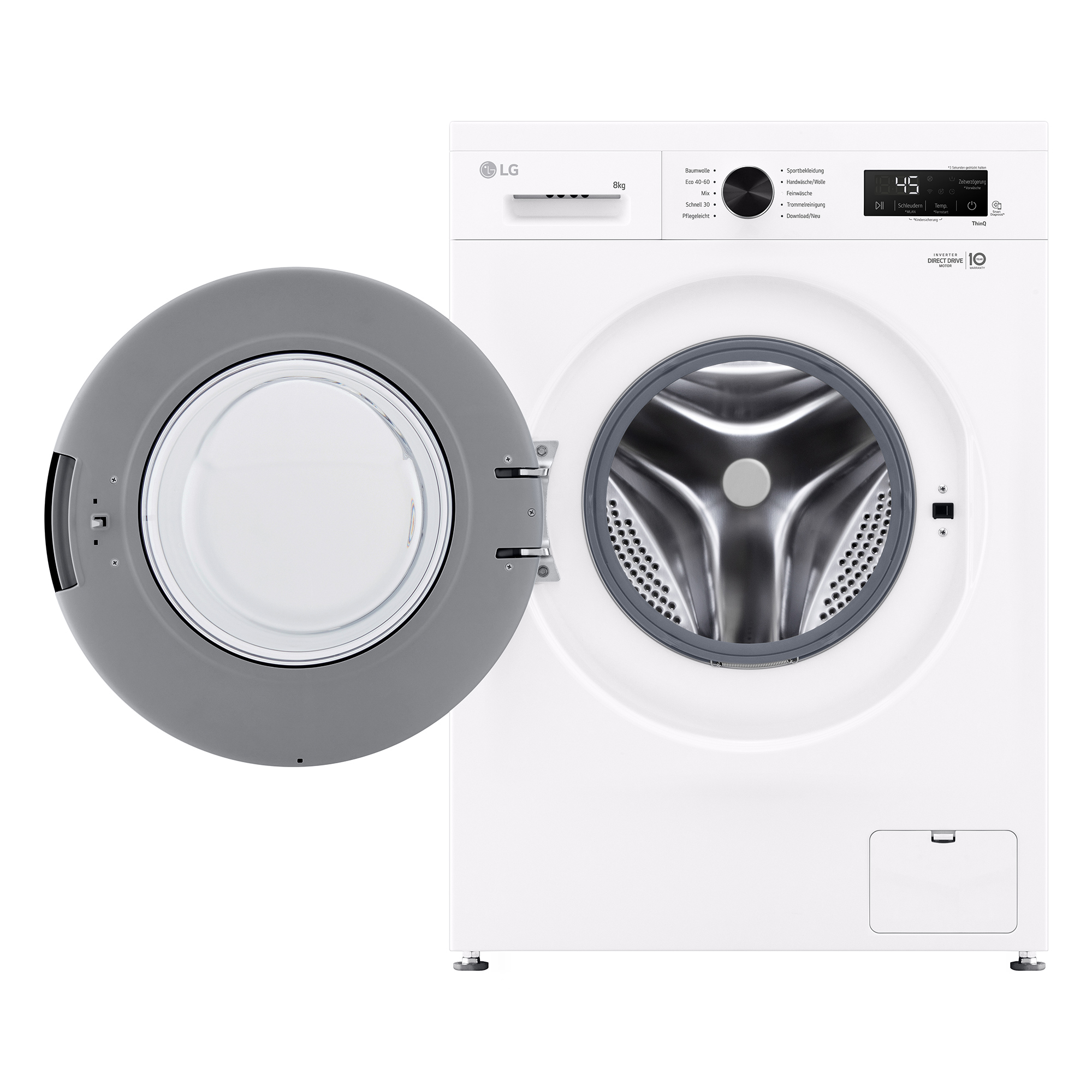 Weiße Waschmaschine mit offener grauer Tür. Bedienelemente sind sichtbar.