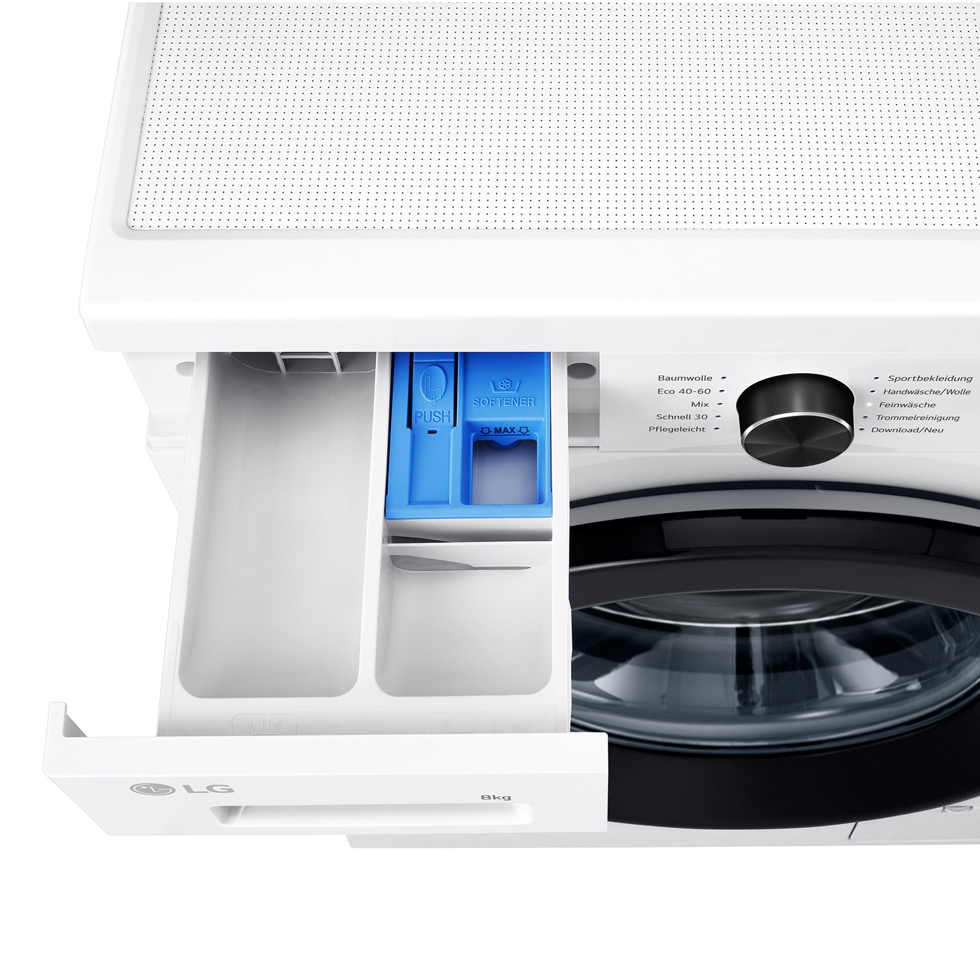 Weiße LG Waschmaschinen-Schublade geöffnet, mit Fächern für Waschmittel und Weichspüler.