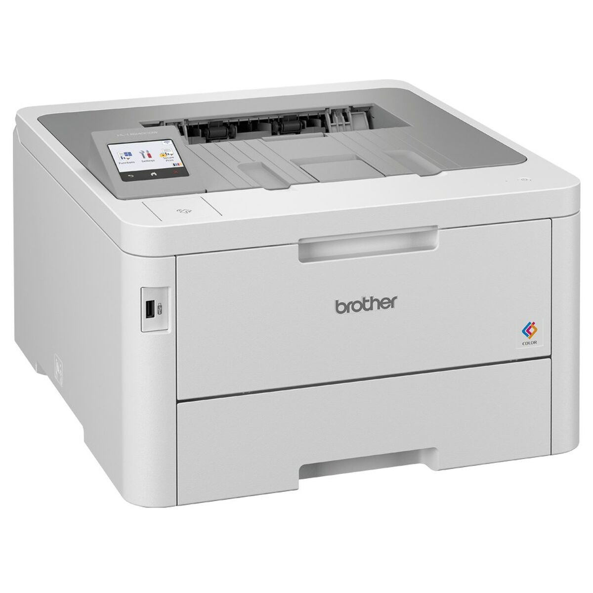 Stampante Brother bianca con stampa a colori, su una superficie bianca, isolata su bianco.