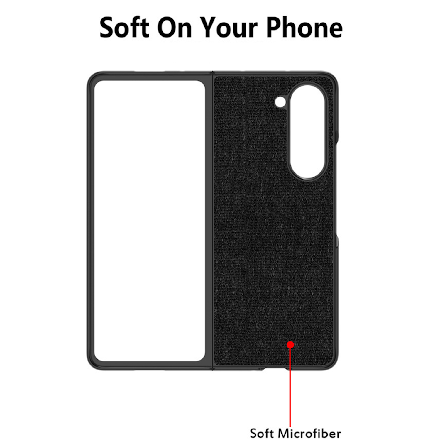 Schwarze Handyhülle mit offenem Bereich. Text sagt Soft On Your Phone und Soft Microfiber.