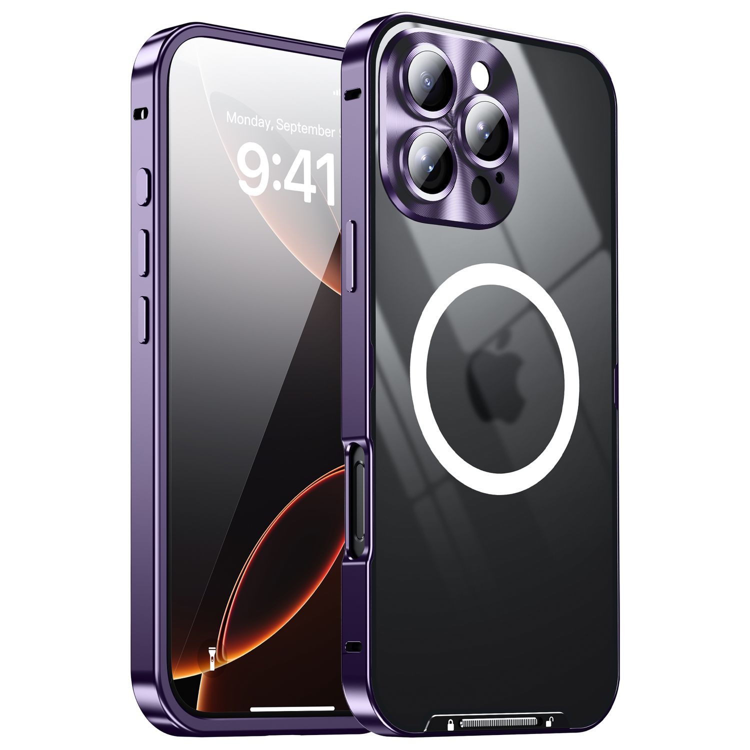 Eine lila iPhone-Hülle mit durchsichtigem Rücken, zeigt ein weißes Apple-Logo, liegt auf weißem Untergrund.