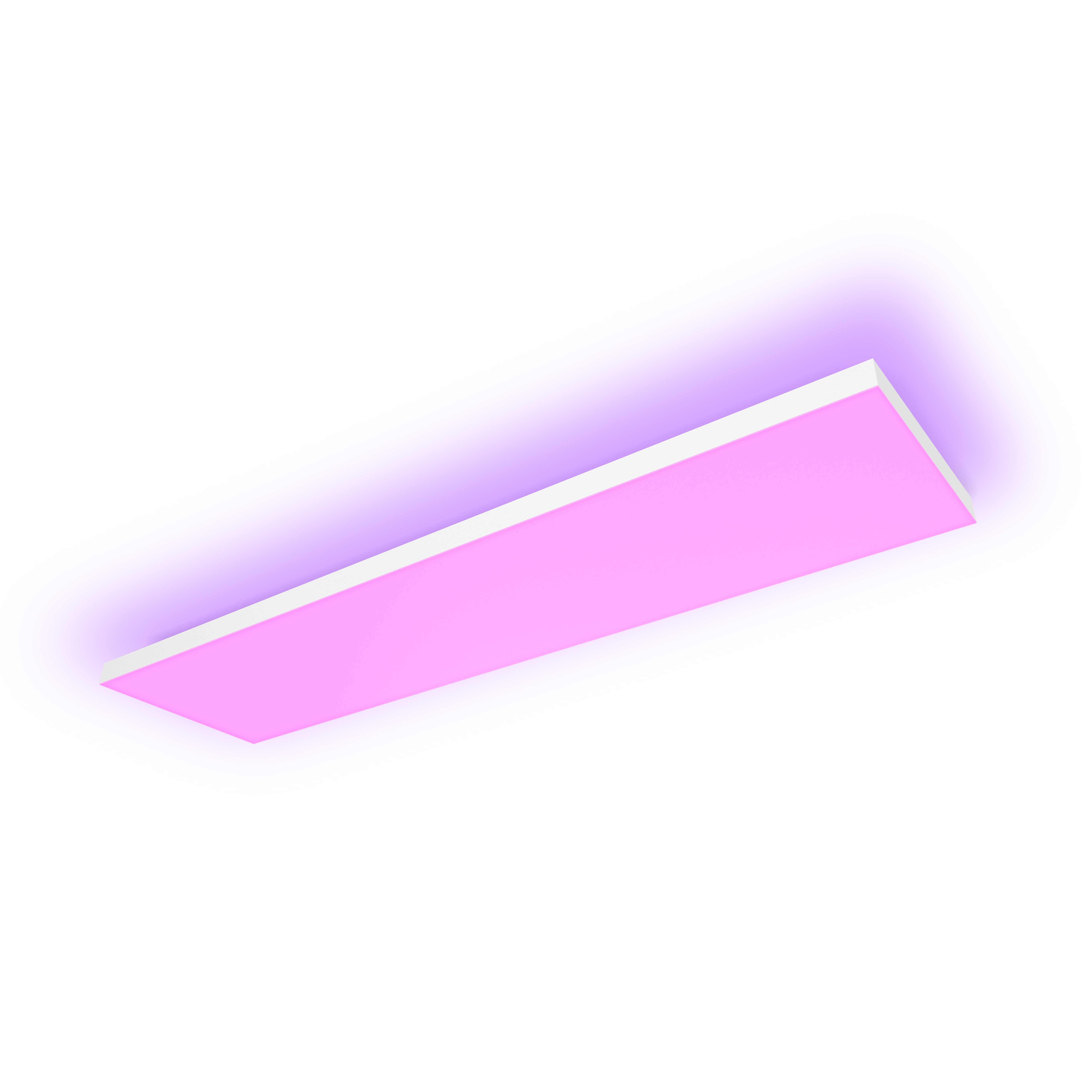 Luminaire rectangulaire rose émettant une lueur violette sur fond blanc.