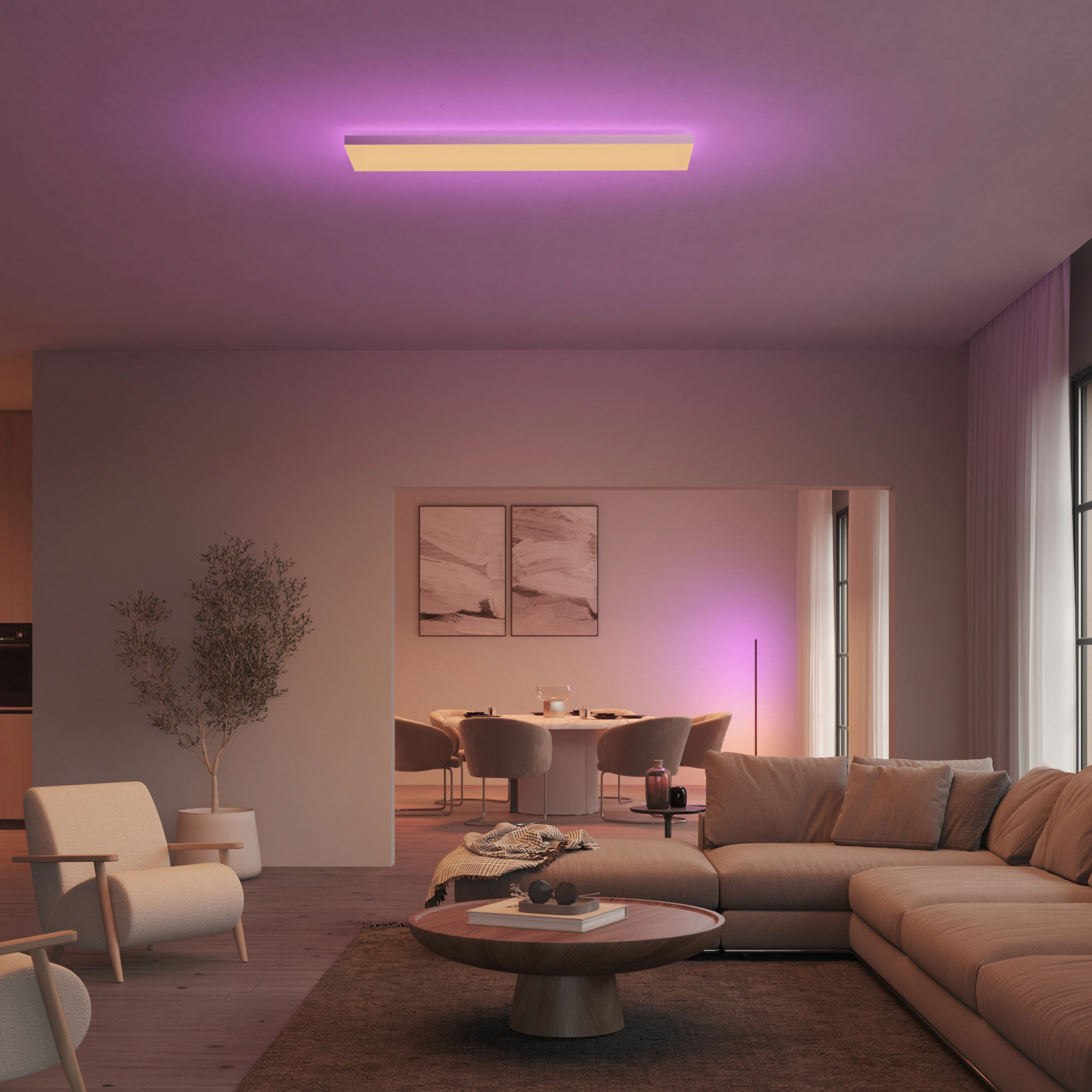 Salon moderne avec un éclairage encastré au plafond, un canapé et un coin repas.